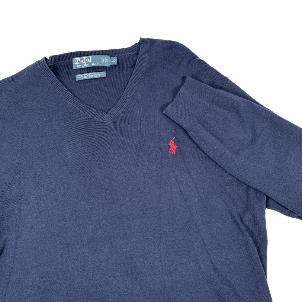 Mens Polo Ralph Lauren‎ V-Neck Cotton Sweater Size Large Navy Blue Red Pony
